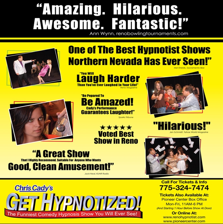 playing in September Reno entertainment picture from the reno nevada show Chris Cadys Get Hypnotized In Reno comedy Hypnosis Show now playing at the Pioneer Underground Theater in downtown Reno